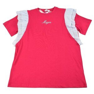 MSGM KIDS Girls Bright Pink Blue Contrast Ruffle Cotton Short T Shirt 14 NWT